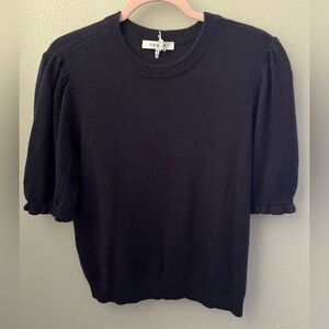 FRAME Denim Shirred Short Sleeve Sweater In Navy Blue Size XL New